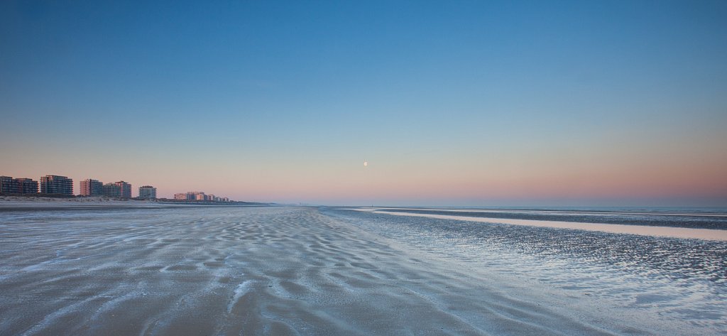 Bevroren strand bij dageraad.